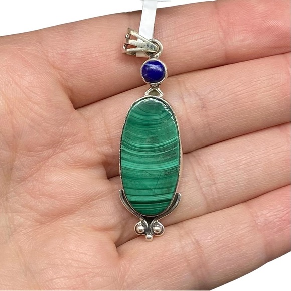 Jewelry - Malachite & Lapis Necklace Pendant 925 Solid Sterling Silver Natural Stone Green
